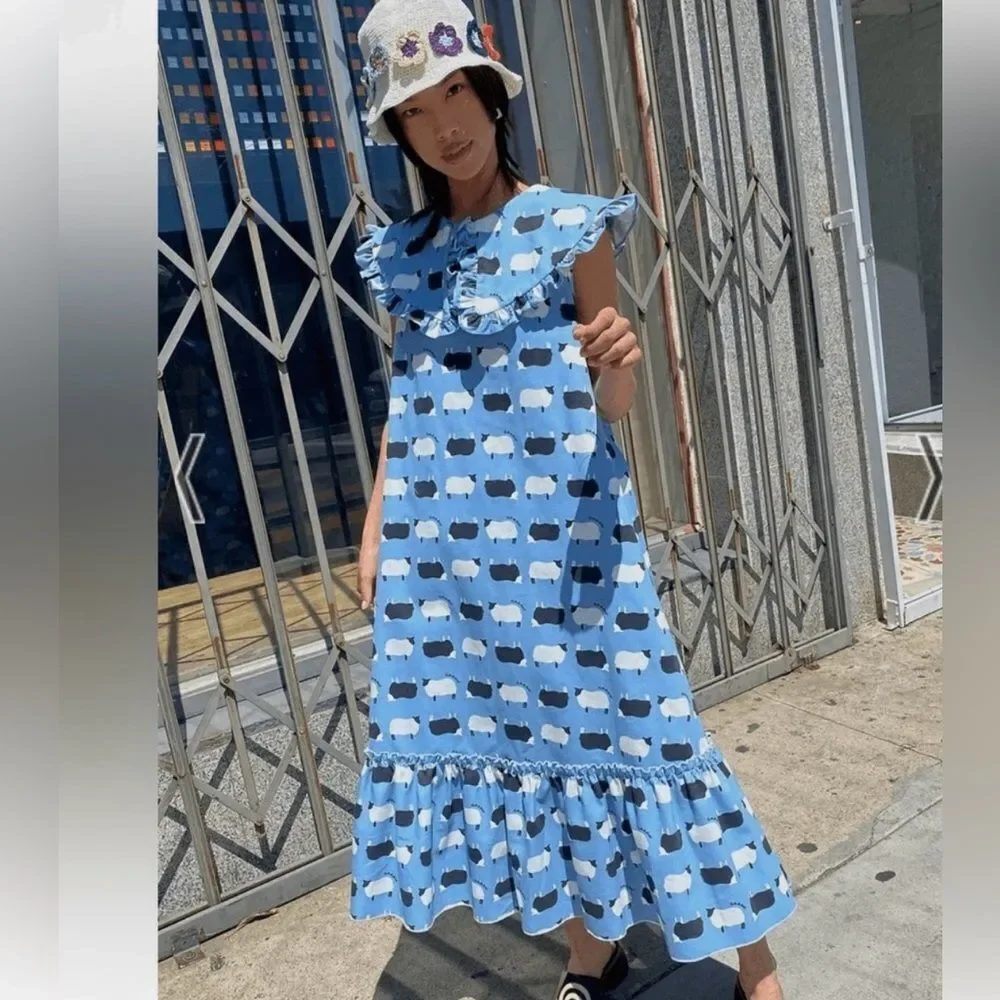 NEW LISA SAYS GAH Stevie Blue Novelty Counting Sheep Print Denim Midi Dress XS - Picture 1 of 17